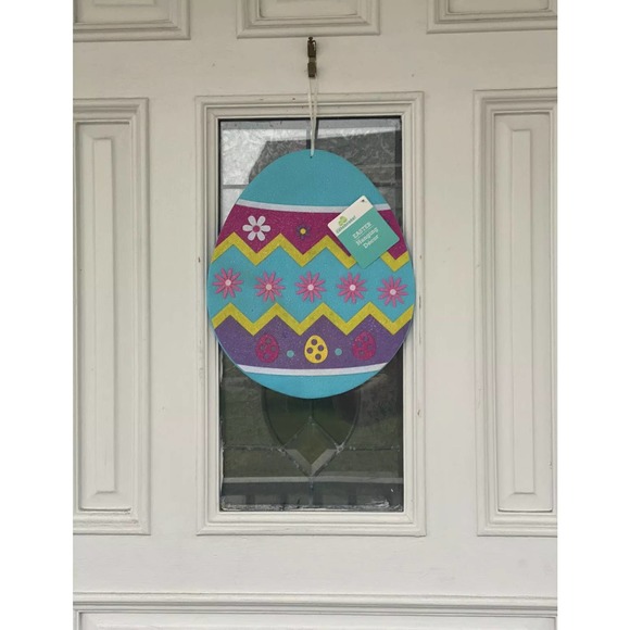 Yellow Blue Purple Glitter Flowers Easter Egg Wreath Wall Decor Door Sign Plaque - Picture 3 of 6